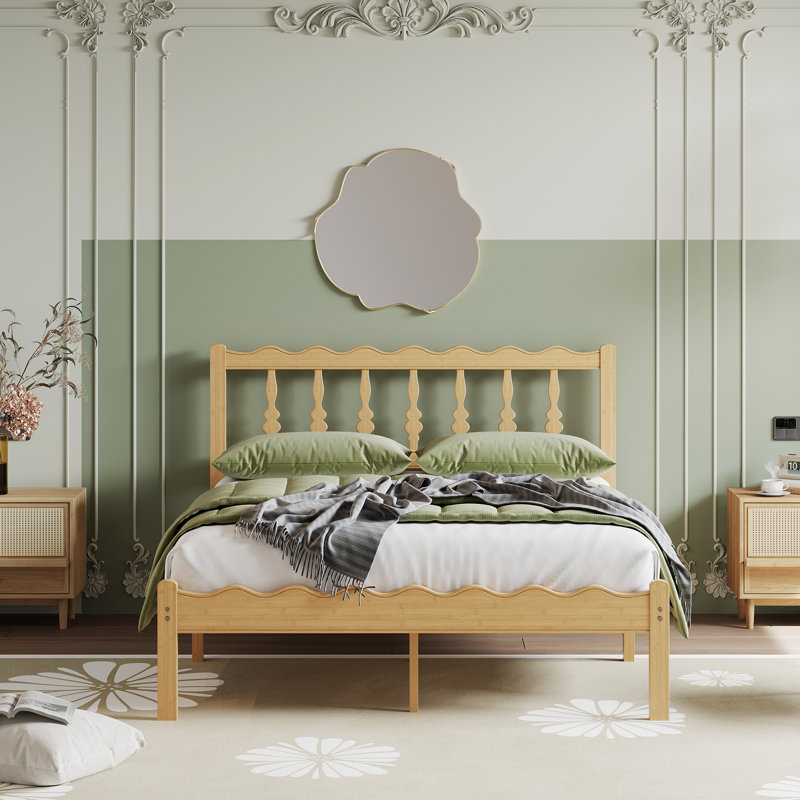 Solid Wood Full Bed Frame with Wavy Headboard, No Box Spring Needed, Bamboo&Metal, 14", Full