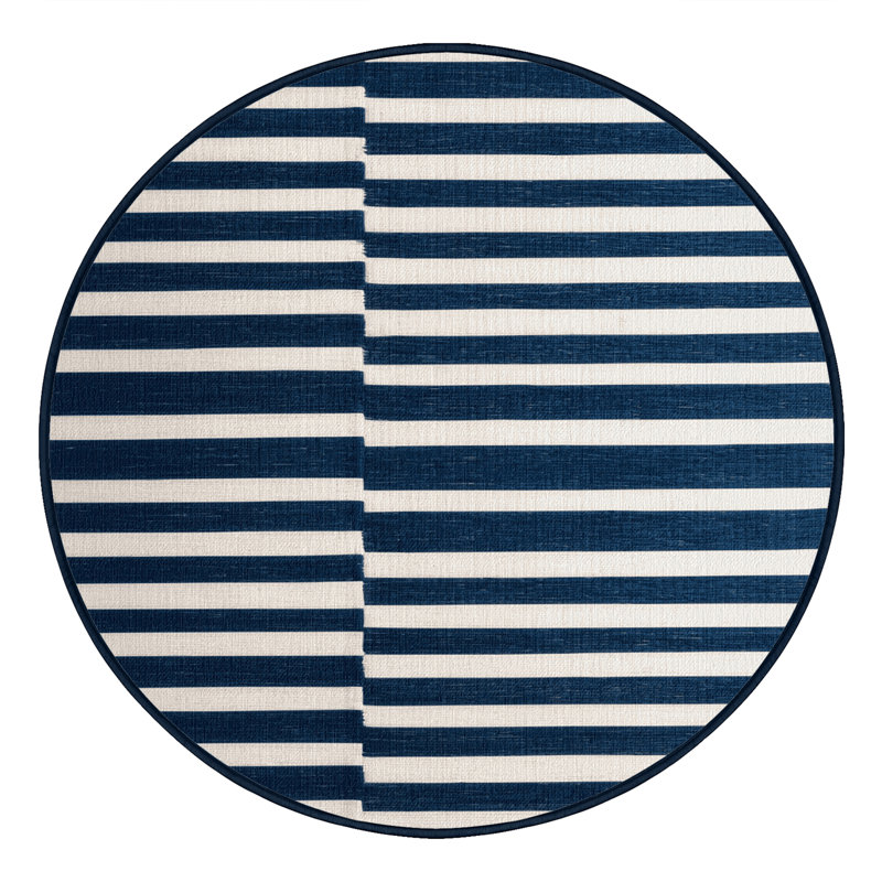 Tapis bleu à rayures horizontales lavable à la machine, Rond 6 pi