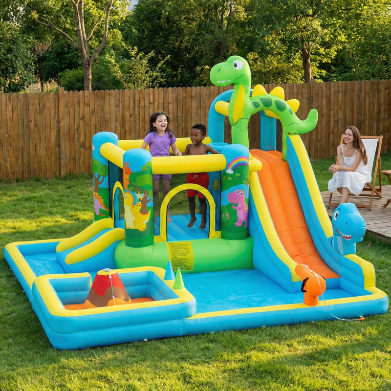 Luxury Dinosaur Theme Inflatable Water Slide Bounce House With Volcano Sprinklers