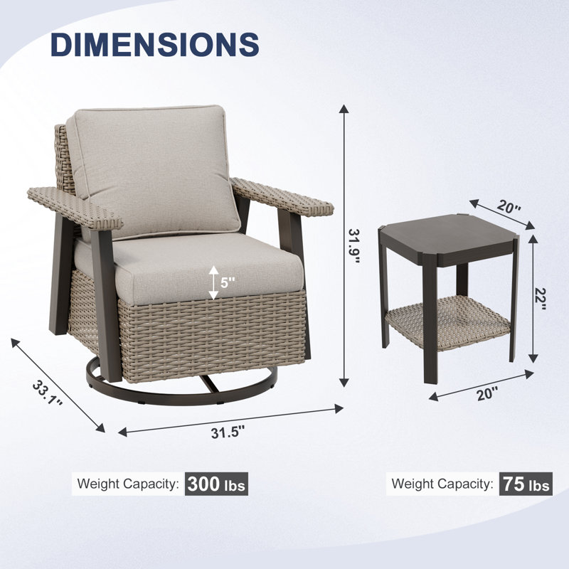 Ensemble de conversation d'extérieur 3 pièces avec chaises berçantes pivotantes en osier et table d'appoint, Beige