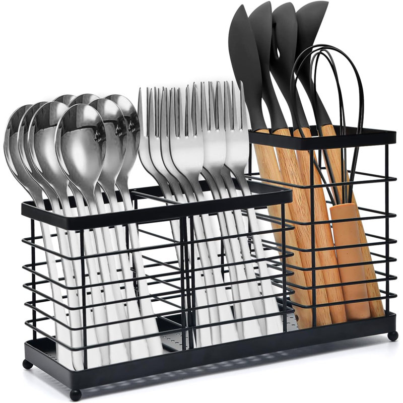 Stainless Steel 3-In-1 Kitchen Utensil Holder With Removable Divider, Open-Style Design, Large Countertop Organizer For Cooking Tools
