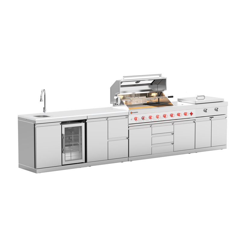 Îlot de cuisine extérieur modulaire 4 pièces VESTIVium - Barbecue au gaz à 6 brûleurs avec plaque chauffante au gaz, évier et réfrigérateur, porte simple et rangement double, comptoir en quartz blanc, acier inoxydable (LP)