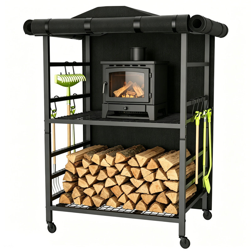 Outdoor Wood Storage Shed with Adjustable Shelf - Waterproof PVC Cover, Heavy Duty Steel Log Rack with Hooks for Fireplace, Fire Pit, Yukon & Bonfire