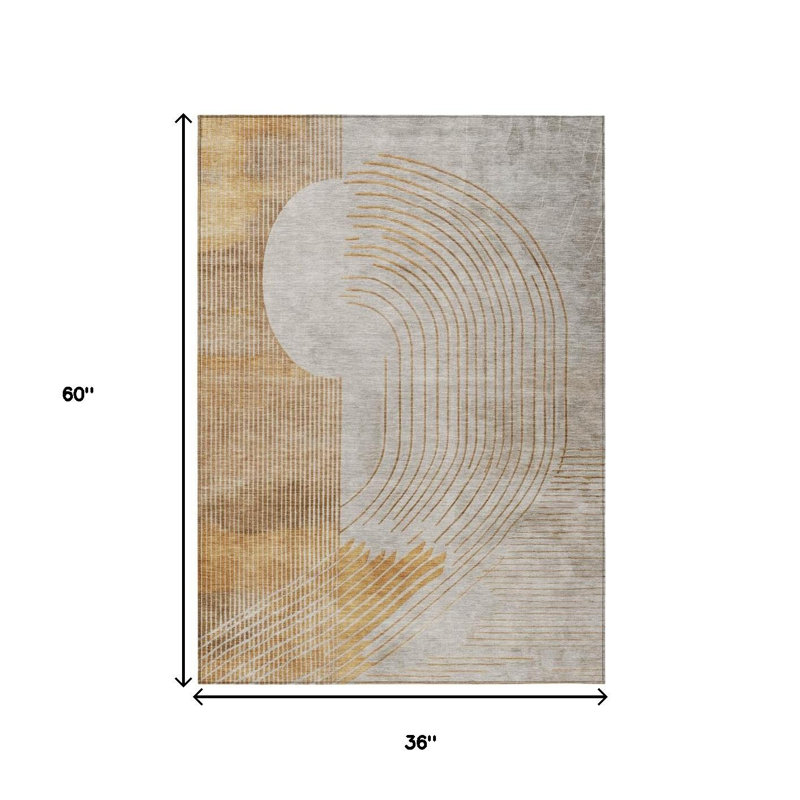 3' X 5' Gold And Ivory Geometric Washable Indoor Outdoor Area Rug