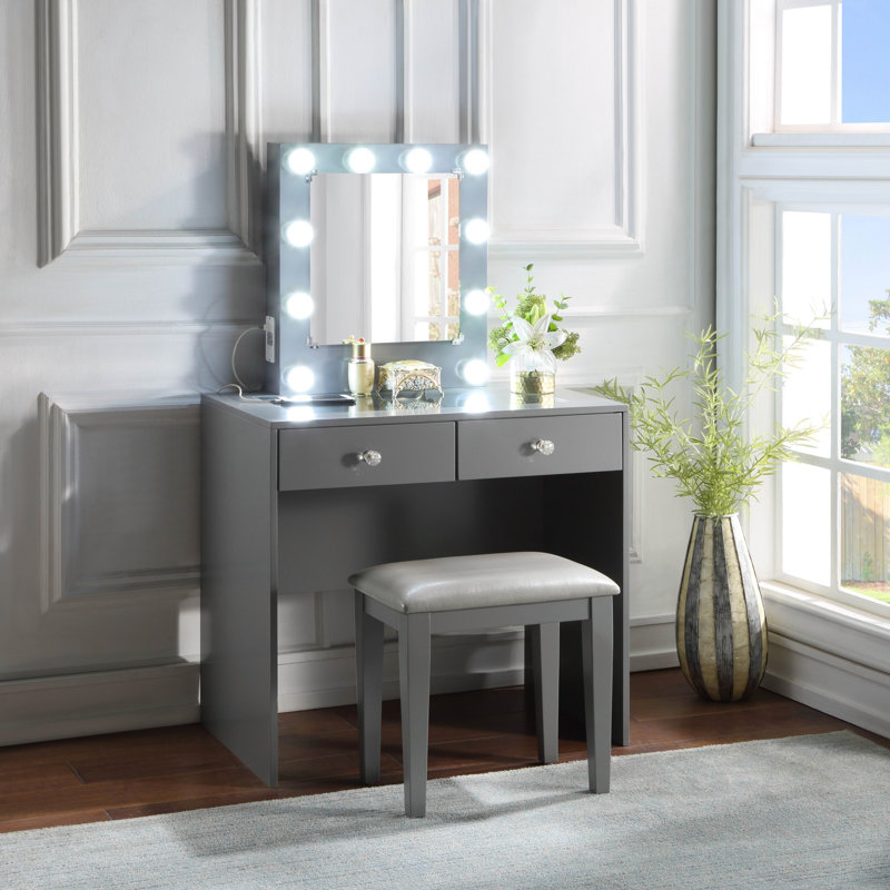 Makeup Vanity and Stool Set, Gray