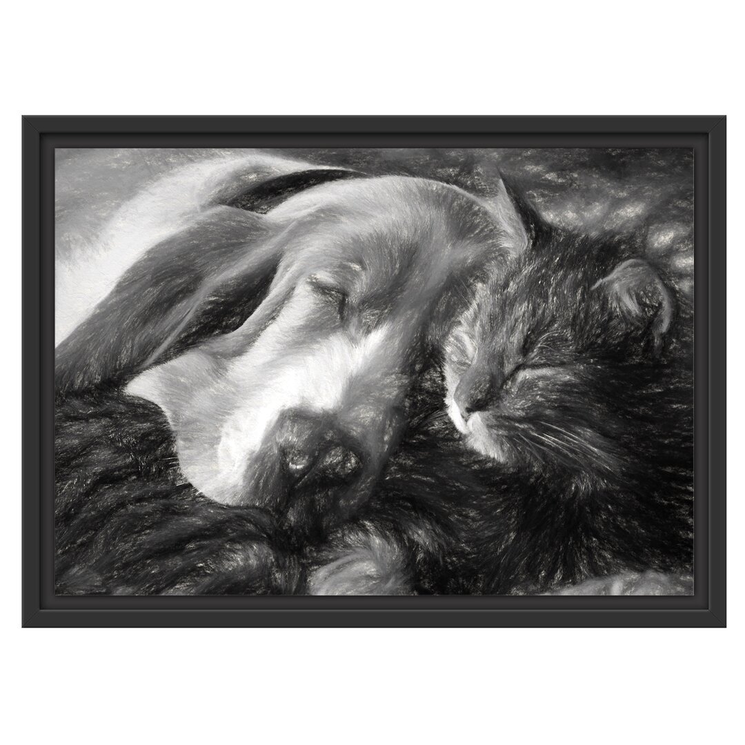 Gerahmtes Wandbild Katze und Hund kuschelnd Kunst