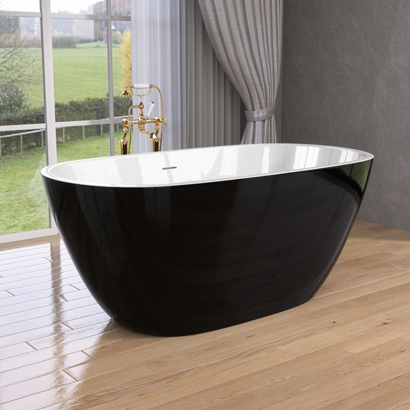Baignoire autoportante moderne autoportante en acrylique de 55 pouces avec trop-plein, Noir / blanc