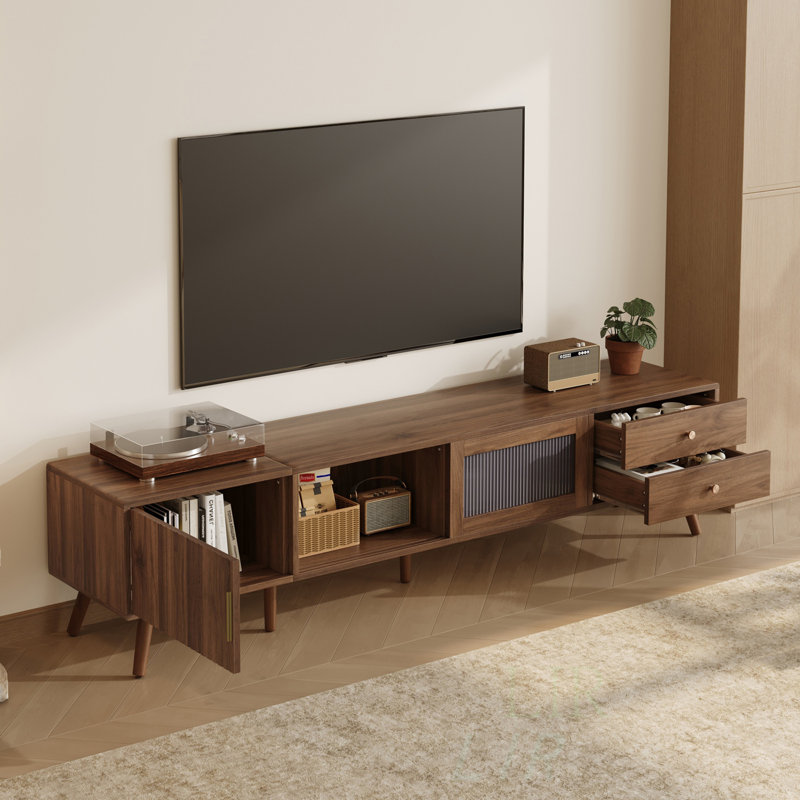 Modern LED TV Stand with Large Storage Drawer, Adjustable LED Lights, and Glossy Entertainment Center for Various TV Sizes, Brown Wood Farmhouse Design