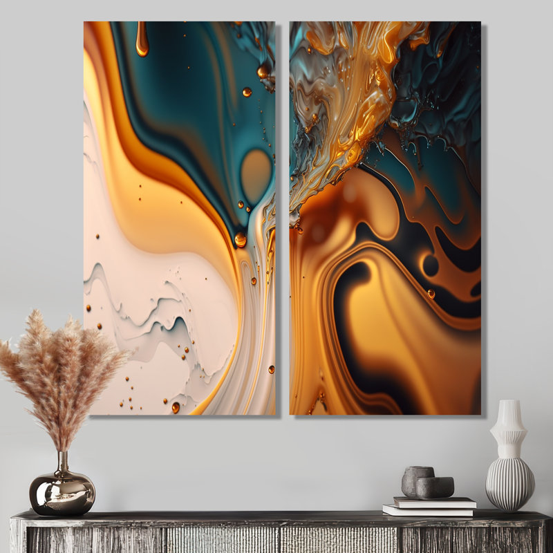 Abstractions fluides jaunes et vertes I - art mural abstrait à encre liquide abstraite 2 pièces, H 40 po x l 40 po