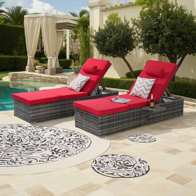 2 Pieces Outdoor Chaise Lounge Chair with Adjustable Backrest, Red