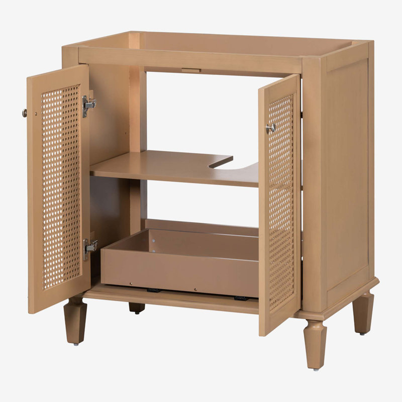 30 Inch Light Brown Wood Freestanding Bathroom Vanity with Cane Doors