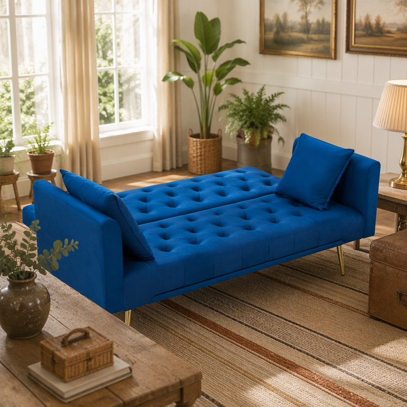 Canapé-lit double convertible pliant pour salon Eta, Velours bleu