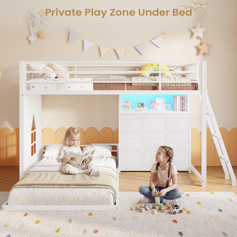 Twin Over Twin Bunk Beds With 9 Storage Drawers And Led Lights, Twin Size Low Bunk Bed Frame With Play Area & Open Storage Shelf & Ladder, L-Shaped Metal Bunk Bed For Teens, White