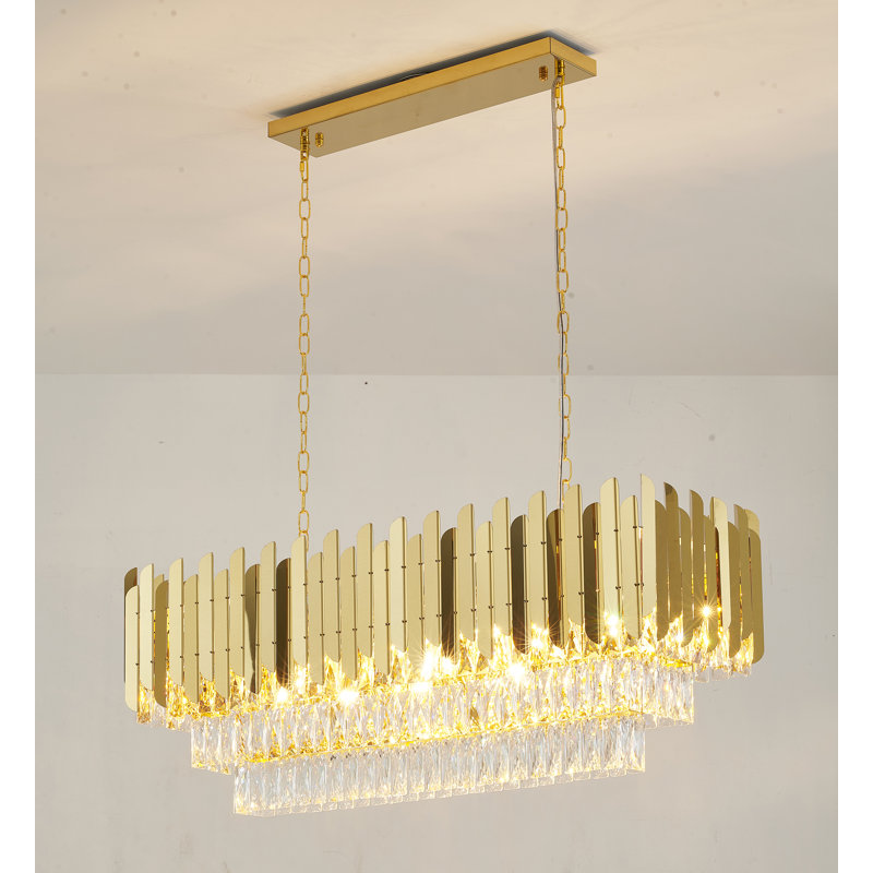 Modern 12 Light Rectangular Crystal Chandelier , Gold