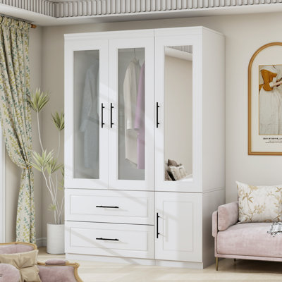 Armoire-penderie 3 portes avec tiroirs et miroir, blanc