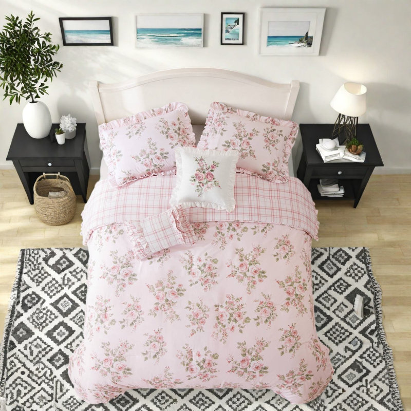 Pink Floral Bedding Sets, Twin/Twin XL Microfiber Comforter, Cottage Bedroom
