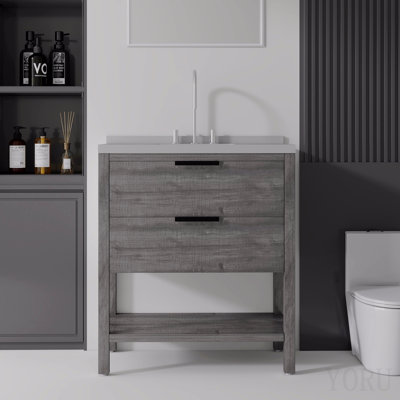 Meuble-lavabo autoportant de 91 cm (36 po) avec lavabo, tiroir à fermeture amortie, comptoir et dosseret en marbre synthétique blanc granité de 5 cm (2 po), contreplaqué gris