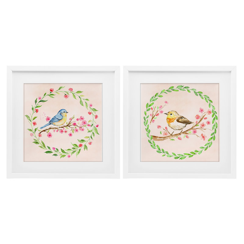 Spring Branches & Wreath Birds, ensemble de 2 reproductions encadrées sous verre, par Elena Fay, H 13 po x l 13 po, Blanc