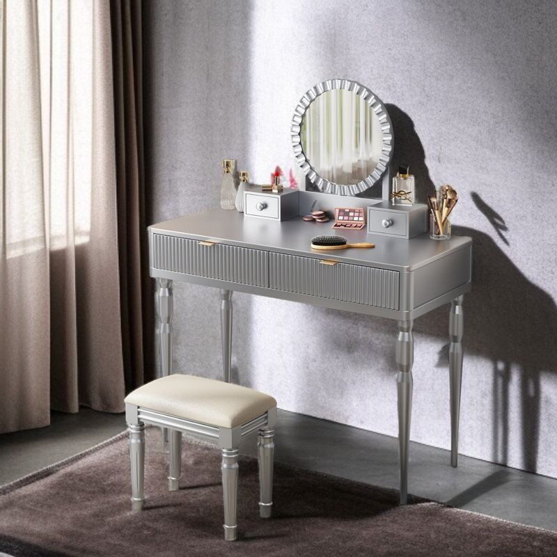 Modern Luxury Dressing Table With Round Mirror, Adjustable Height, 4 Drawers And Stool – Silver Finish