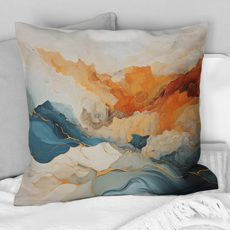 Coussin décoratif abstrait à imprimé abstrait orange et bleu River