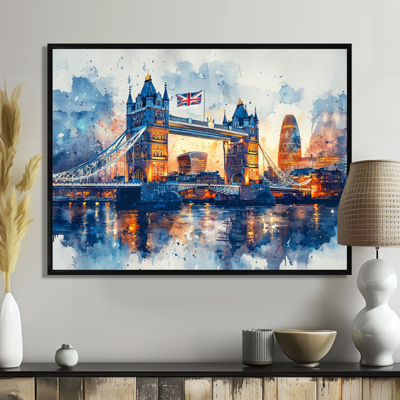 Moonlight On Tower Bridge Lights In London II - England Wall Art, 24" H x 32" W, Floater Framed Print, Black
