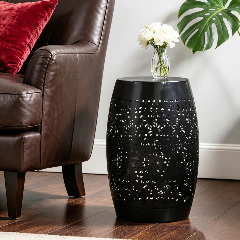 Black Lace Cut Iron Barrel-Shaped Accent Side Table, Indoor/Outdoor Use, No Assembly Required, Decorative Metal End Table For Garden, Patio, Living Room, Backyard