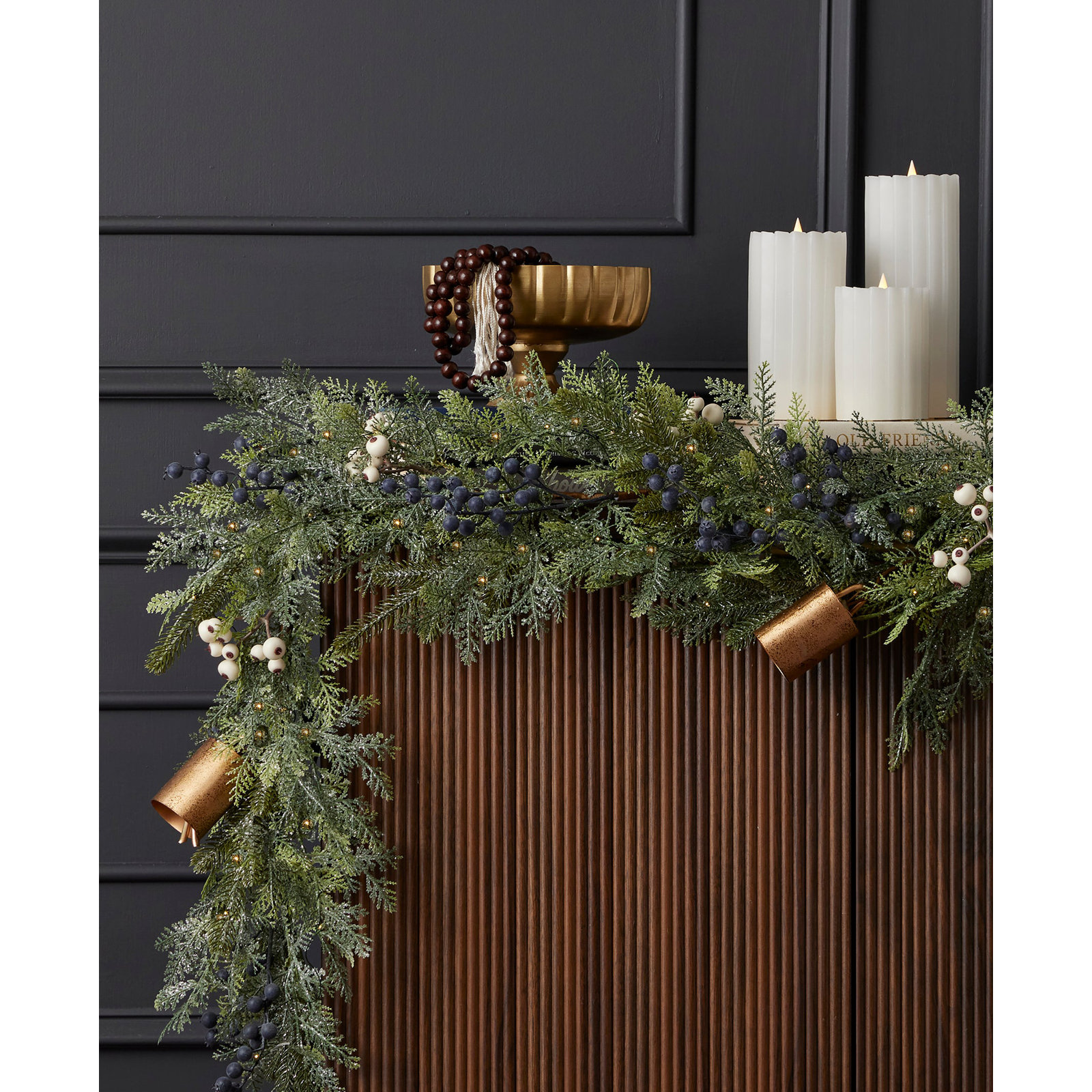 Mixed Mica Foliage with Blueberries and Harmony Bells 9ft Garland Pre-Lit Fairy Lights B/O