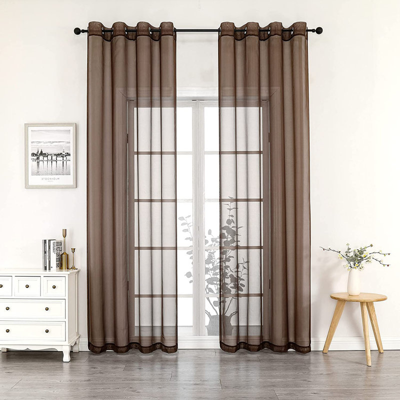  2 Piece Extra Long Lightweight Grommet Top Sheer Voile Window Curtain Panels - Assorted Colors, Brown