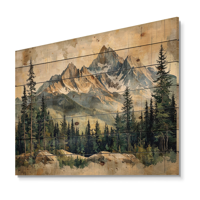 Mountain Treescape Mountain Layers I - Landscape Mountains Wood Wall Decor - On Natural Pine Wood, 34" H x 44" W x 0.78" D