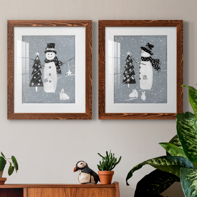 «Snowman Galvanized I», ensemble de 2 reproductions, H 24 po x l 36 po x P 1,5 po, Blanc, Papier avec cadre érable