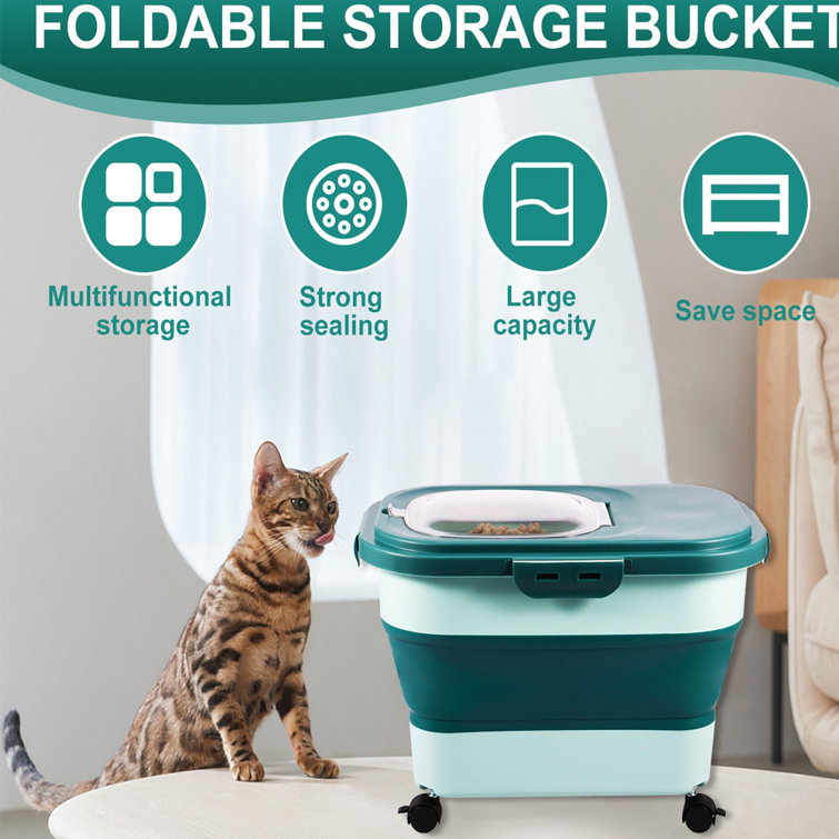 Dog Food Storage Container with Rolling Wheel, Collapsible Dog Food Container with Travel Silicone Bowl and Scoop, Folded Cat Food Container Kitchen R