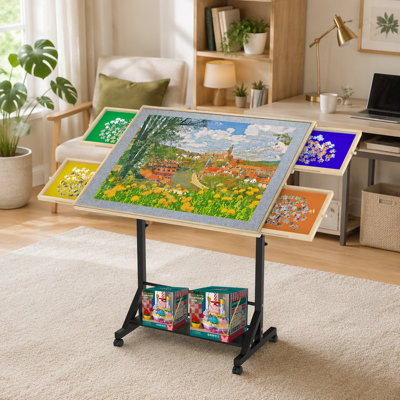 Table de casse-tête en bois 1500 pièces avec tiroir, table de casse réglable de 35 po x 27,17 po, table de casse inclinable à 360 ° avec pieds et roulettes, table de casse-tête roulante, hauteur et angle réglables, avec housse de protection