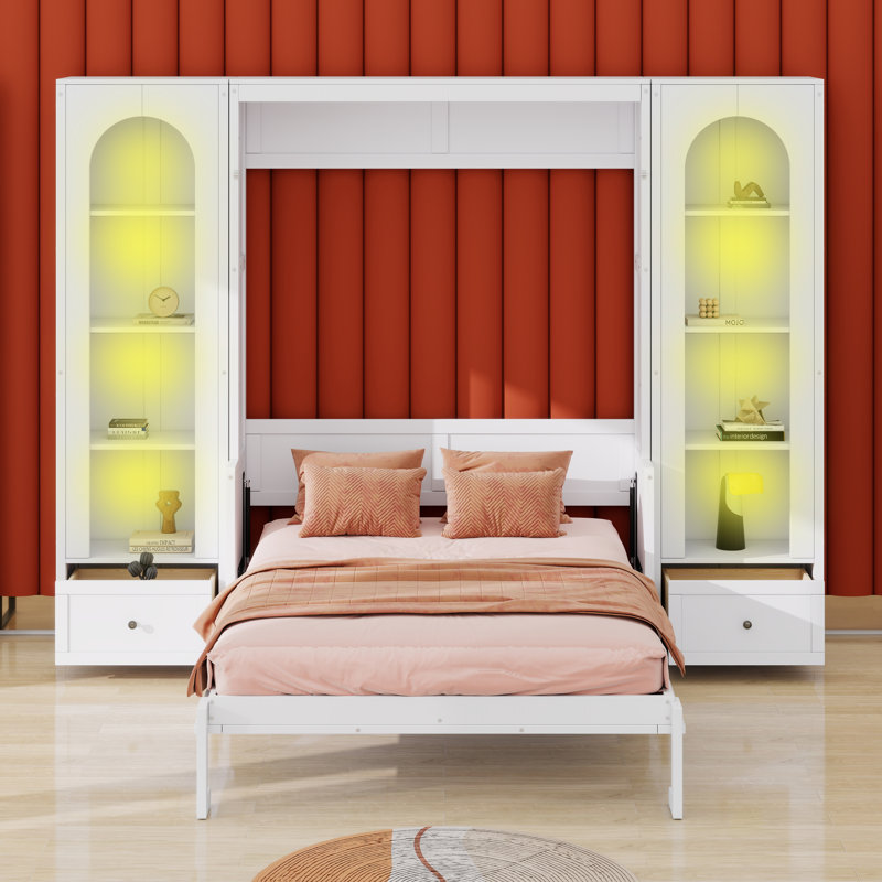 Lit plateforme moderne avec tablette, armoires latérales, tiroirs de rangement et DEL Modern, Blanc