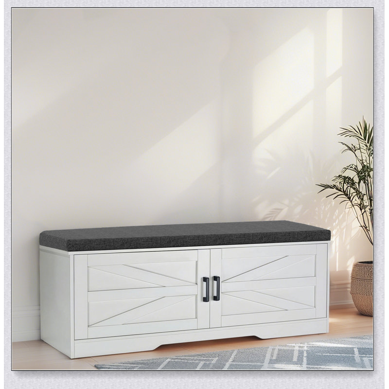 Banc de rangement à 2 niveaux avec coussin de siège rembourré, 2 portes de grange et tablettes réglables pour l'organisation du vestibule