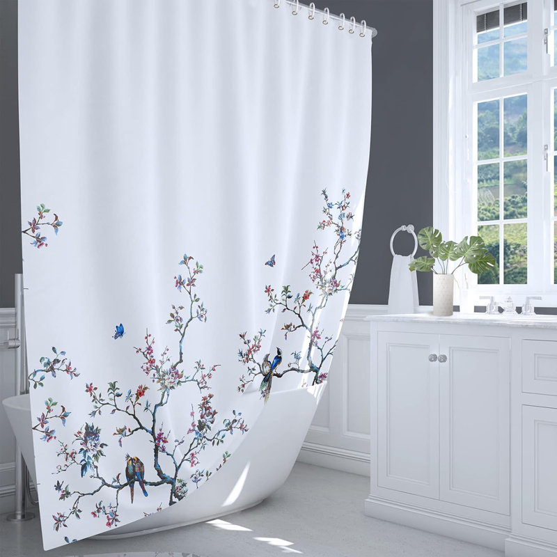 Floral Polyester Shower Curtain, White