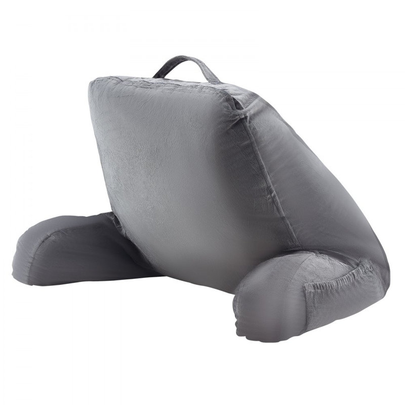 Reading Pillow, Large Size Bed Pillow with Shredded Memory Foam, Back Pillow with 3 Pockets and Washable Short Velvet Cloth, Top with Handle, for Watching TV, Reading, Gaming, Resting, Grey