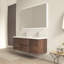 Meuble-lavabo double 60 po en bois de rose flottant mural avec plateau en pierre blanc brillant, 2 tiroirs et 2 portes