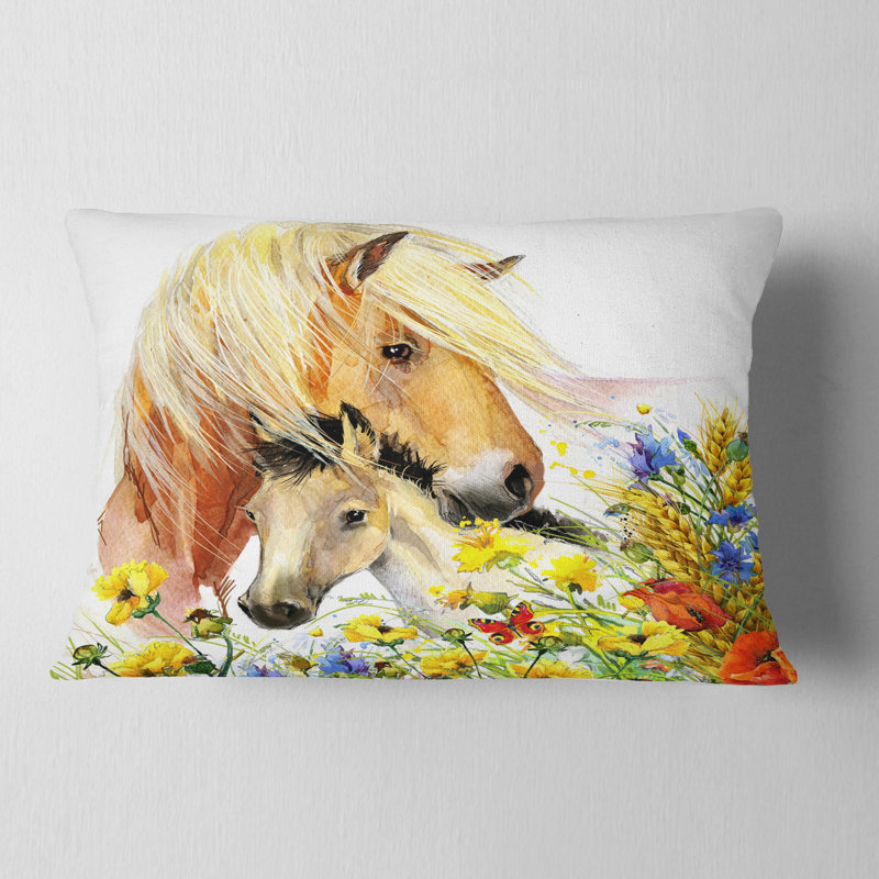 Cheval et poulain avec prairie - Coussin décoratif à imprimé animal