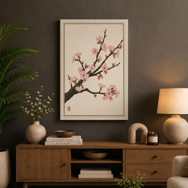 Moonlit Cherry Blossom Japandi - Wrapped Canvas, 18x12 - 45.7 x 30.5 cm, Terracotta Border
