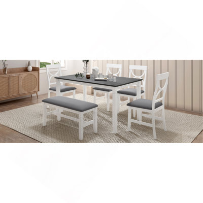 TOPMAX 6-Piece Wood Dining Table Set Kitchen Table Set With Upholstered Bench And 4 Dining Chairs, Farmhouse Style,Gray+White