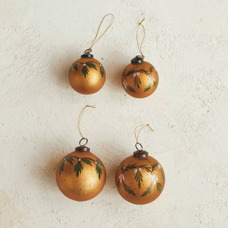 Large Hand-Painted Gold and Green Glass Ball Ornaments, Set of 12
