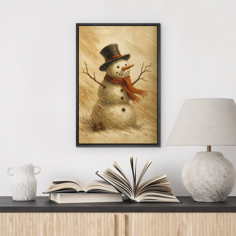 «Snowman with Hat and Red Scarf in Winter Snow Scene», reproduction d'art sur toile encadrée dans la chambre principale, Noir