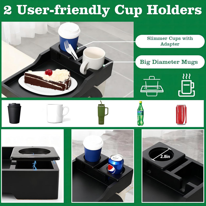 Multi-Function Sofa Arm Tray Table With 360° Rotating Phone & Tablet Holder, Non-Slip Drink Holders, Adjustable Design For Couch, Eating, Working And Watching TV
