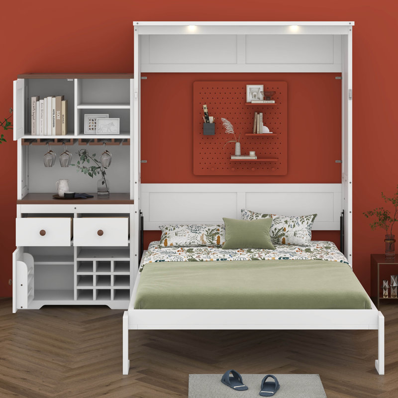 Grand lit escamotable, lit escamotable avec tiroirs, cadre de lit multifonctionnel avec armoire de rangement, support à vin et bande à DEL multicolore