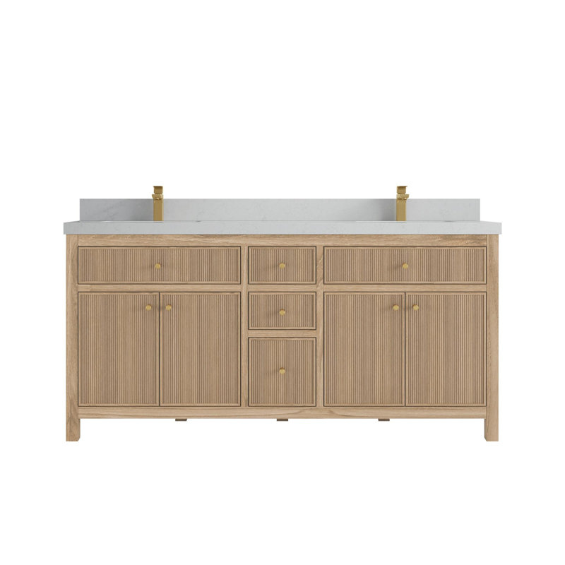 Teck de 72 po Sonoma X P 22 po D Meuble-lavabo double en gris clair délavé avec quartz Calacatta Laza, Quartz de Carrare