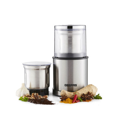 GEEPAS 200W Electric Coffee Grinder & Food Processor Wet & Dry Grinding | Stainless Steel Blades & Housing 75g Detachable Bowl for Coffee, Spices, Nuts & Chutney | Powerful & Compact Grinder – Silver