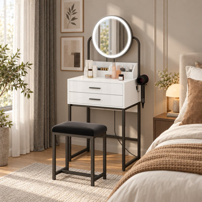 Dressing Table with LED Lighted Mirror, Makeup Vanity Desk with Stool and 2 Drawers, 55CM Desktop