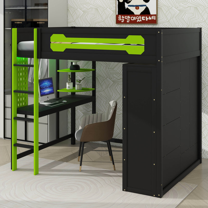 Lit mezzanine pleine grandeur avec bureau et garde-robe ouverte, cadre en bois avec espaces de rangement et éclairage intégré