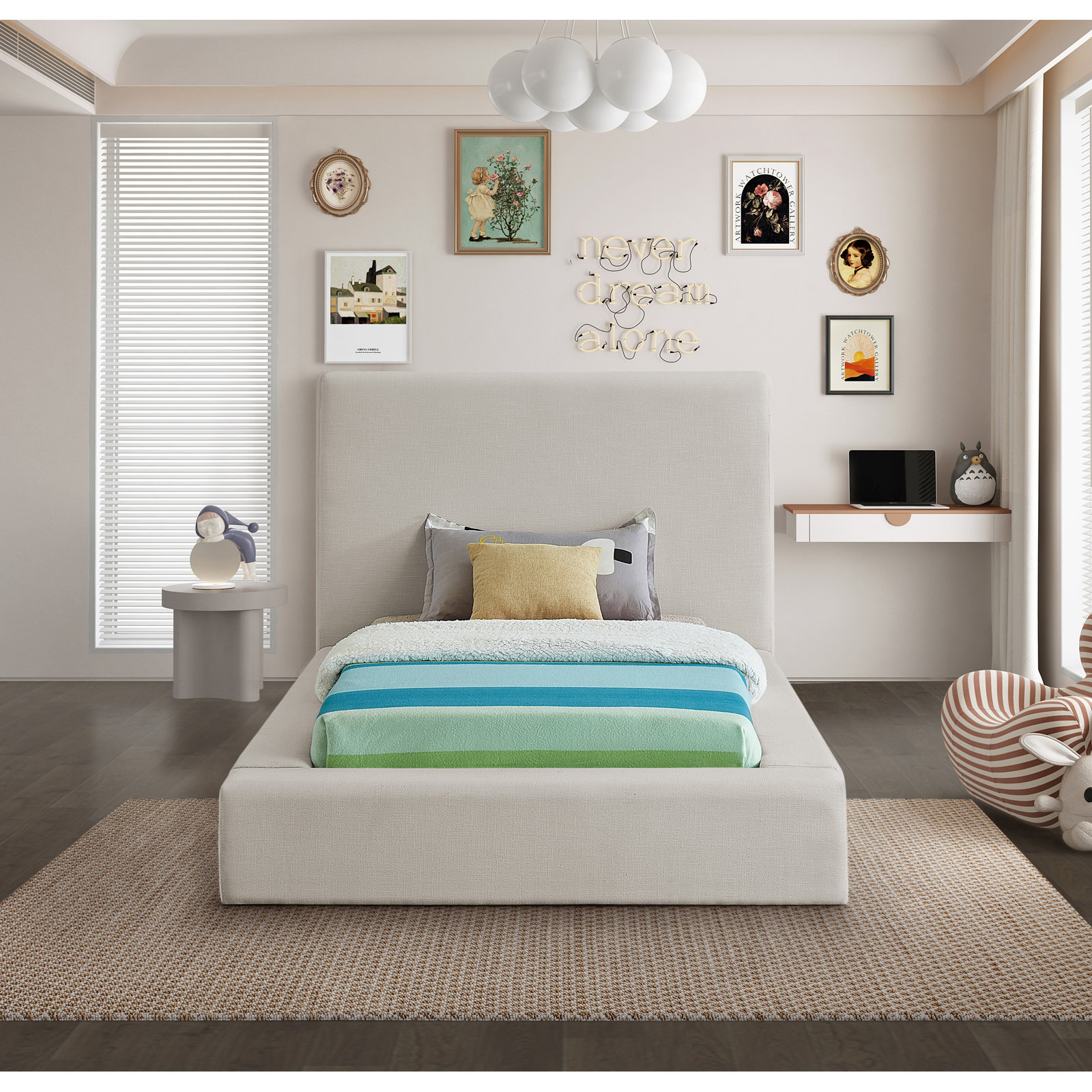 Ishia Upholstered Platform Bed, Twin, Beige Linen