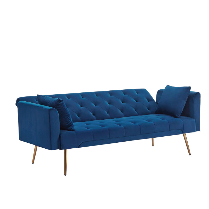 71-inch down-filled couple's soft sofa with 3-position convertible feature and metal-legged sofa bed, Blue